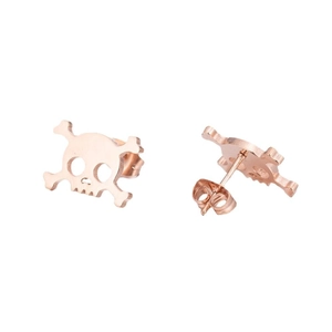 Rose gold skull and crossbones stainless steel stud earrings set on white background