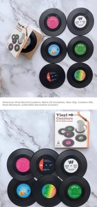 Detailed set of 6 vinyl record coasters with retro labels and vintage packaging box