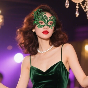 Detail of green lace masquerade mask with intricate patterns on female model at a party