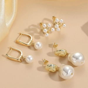 French Artificial Pearl Drop Earrings For Women 14K Gold Plated Copper Zircon Cluster Baroque Minimalist Luxury Elegant Jewelry
