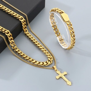Polished gold double-layer cross pendant necklace and cuban chain bracelet set for men