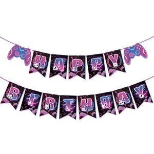 Detailed view of neon Game On theme Happy Birthday banner with gamepad cutouts