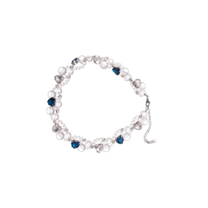 Beaded heart crystal choker necklace with blue gems and adjustable silver clasp