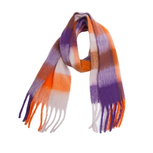 Rainbow plaid scarf in faux mohair boucle yarn with thick fringe details for winter wear