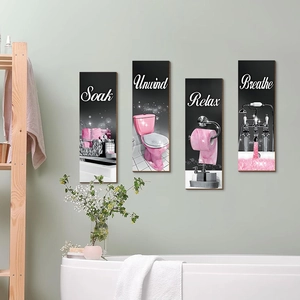 Set di 4 targhe decorative per bagno rosa glitter vintage con scritte relax e soak