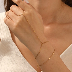 18k gold plated stainless steel hand chain ring bracelet for women with square sequins