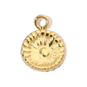 Detailed macro view of a gold-plated stainless steel round pendant with radial texture