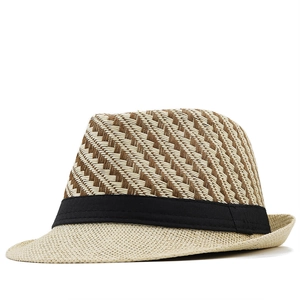Detailed close-up of straw fedora hat featuring geometric weave and black ribbon band
