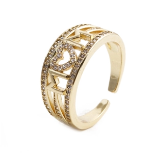 Gold heart MOM ring with sparkling crystals, adjustable open band for women