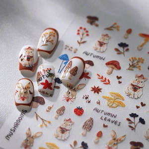 5D matte nail stickers with autumn rabbit, mushroom and leaf patterns on white nails