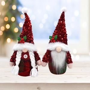 Nain De Noël En Peluche Poupée Sans Visage Chapeau À Paillettes Décoration De Table Tissu À Carreaux