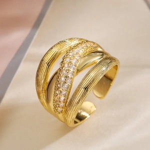 Irregular Geometric Ring Copper 18K Gold Plated Multi Layer Cross Open Adjustable Zircon Vintage Jewelry For Women
