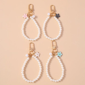 Imitation Artificial Pearl Beaded Keychain Elegant Resin Flower Pendant Gold Alloy Clasp Fashion Bag Charm For Women