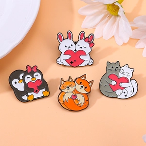 Cute enamel lapel pins featuring cartoon animals holding hearts in a set of four styles