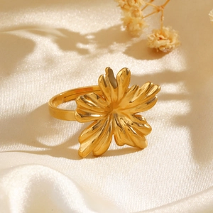 Elegant 18K gold plated stainless steel flower ring with textured petals for women