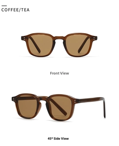 Vistas frontal y lateral de gafas de sol retro con montura transparente color té