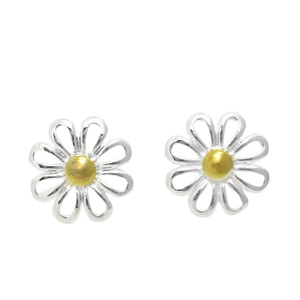 Elegant daisy stud earrings with silver petals and gold center on a white background