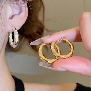 Irregular Wave Textured Hoop Earrings 18K Real Gold Plated Geometric Round Copper Ear Buckle Jewelry For Women