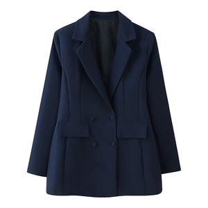 Classic navy blue double-breasted women's blazer with notched lapels and flap pockets