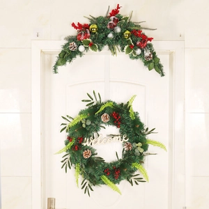 55cm Christmas wreath with olive branches, pine needles, red berries and welcome sign