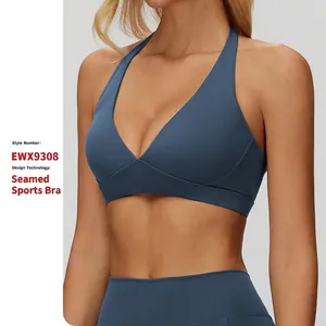 Women's Halter Neck V-Neck Sports Bra Brushed Nylon Spandex Backless Workout Top Fitness Yoga Running Bra Activewear Top