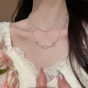 Multi Layer Beaded Necklace Glass Beads Alloy Transparent Aurora Iridescent Clavicle Chain Fashion Jewelry For Women