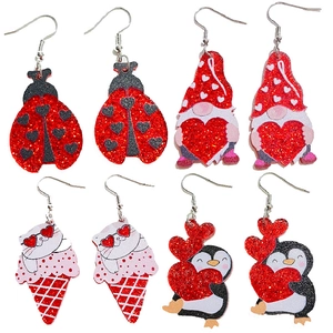 Valentine's Day Acrylic Glitter Animal Drop Earrings Cute Red Pink Heart Gnome Penguin Cat Flamingo Dangle Earrings For Women Girls Holiday Gift