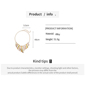 Detail showing the colorful wave-shaped alloy pendant and gold chain specifications