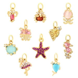 Golden ocean life pendants set with colorful zircons featuring seahorse and starfish