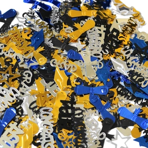 Blue and gold graduation confetti with grad letters and diploma shapes for 2025 party decor