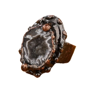 Vintage bronze adjustable ring with a natural dark geode agate stone in irregular shape