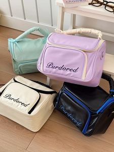 Group view of PU leather cosmetic bags in pastel colors with logo embroidery and handles