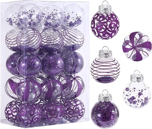Detail of 6cm purple and clear painted PET Christmas ornaments with glitter patterns