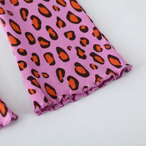 Pink leopard print knit wide leg trousers for girls with stylish ruffled hem edges