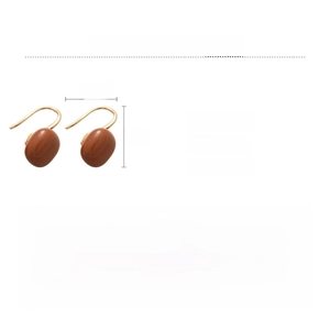 Detail view of brown bean-shaped earrings with alloy hooks showing size 2x1.2cm and 2.9g weight