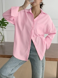Summer casual pink and white vertical striped long sleeve button shirt for women