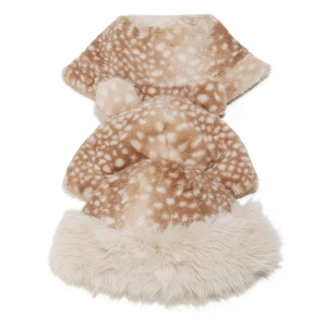 Faux fur winter bucket hat with deer print pattern and fluffy plush trim in light brown