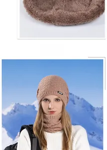 Close-up of thick brown fleece lining inside a pink knit hat and neck warmer set