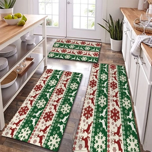 Three-piece Christmas floor mat set with reindeer and snowflake patterns for kitchen decor