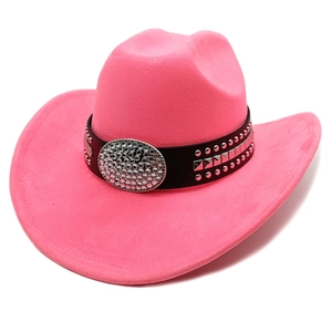 Pink suede cowboy hat detail featuring black leather band and sparkling rhinestone buckle