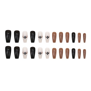 24pcs amber retro ballet press-on nails in caramel brown and black geometric patterns