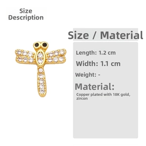 Macro detail of cubic zirconia dragonfly earring showing 1.2cm length and 18K gold plating