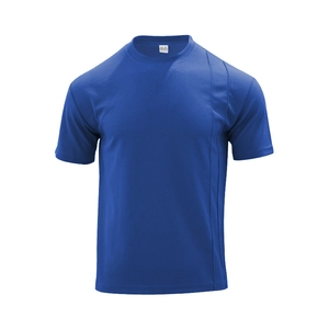 Detail of blue crewneck T-shirt showing functional honeycomb waffle texture and size M label