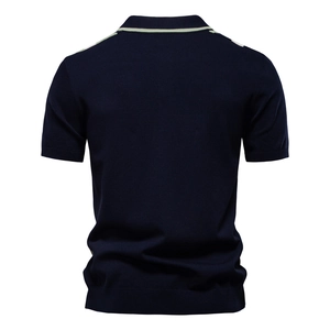 Back view of a navy blue short-sleeved knit polo shirt with striped collar details