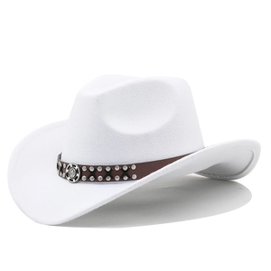 Detail of white wool cowboy hat featuring a brown leather band with metal buckles