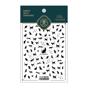 Minimalist black cat silhouettes 5D nail art stickers with paw prints TS-426