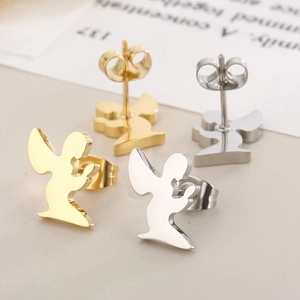 Golden and silver angel-shaped stainless steel stud earrings with butterfly backs