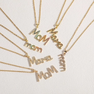 Gold chain necklaces with mama and mom letter pendants featuring sparkling crystals