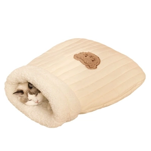 Saco de dormir cerrado de felpa para gatos, cama suave de invierno para mascotas en beige