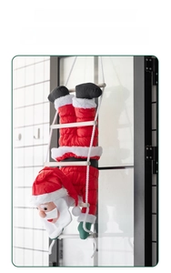 Close-up of Santa Claus climbing a rope ladder against a white brick wall decoration